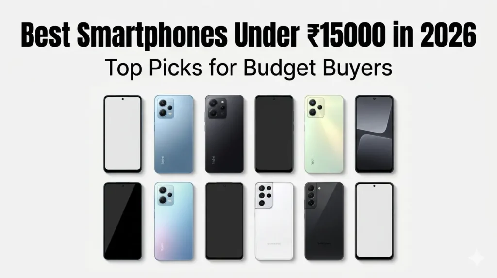 Best smartphones under ₹15000 in 2026 showing top budget mobile phones for performance, camera and battery comparison