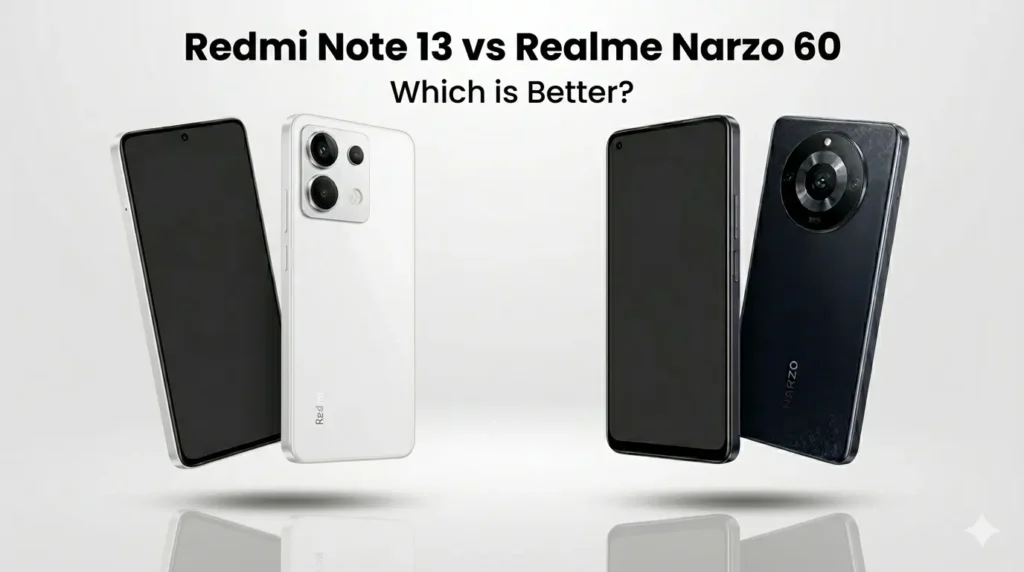 Redmi Note 13 vs Realme Narzo 60 smartphone comparison showing front and back design